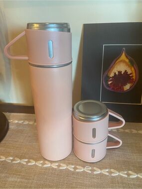 Pink Insulated Bottle with Stackable Cups - Portable Hydration Set